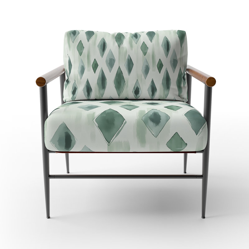 Chaise rembourrée moderne - Fauteuil Ikat vert sauge, Bras ronds bruns
