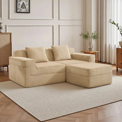 Canapé modulaire à compression en L à 2 places avec coussins décoratifs et 1 repose-pieds mobile