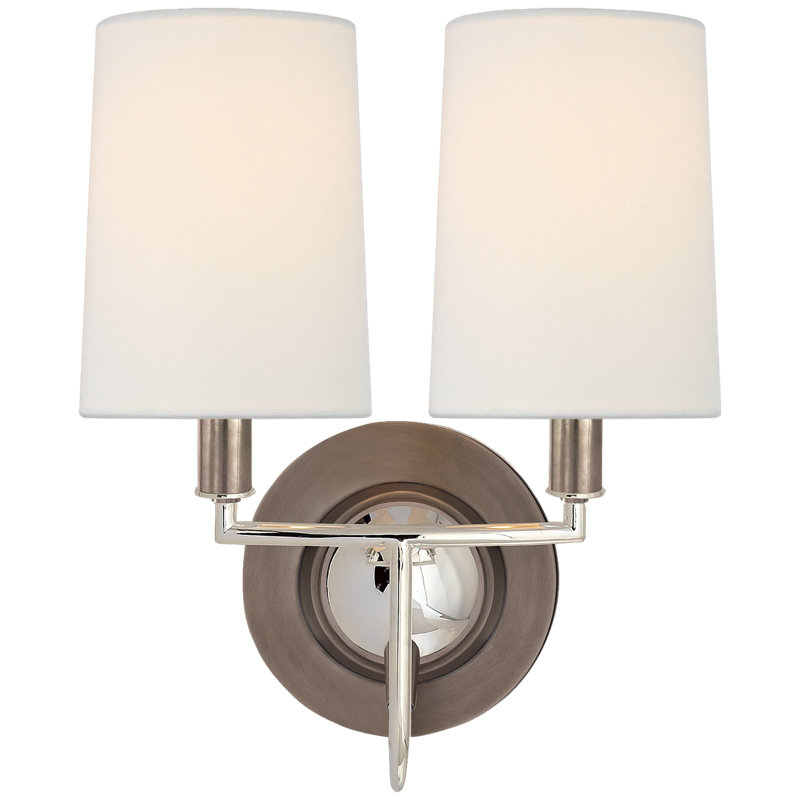 Thomas O'Brien Elkins Double Sconce, Antique Nickel/Polished Nickel, Cream, Fabric
