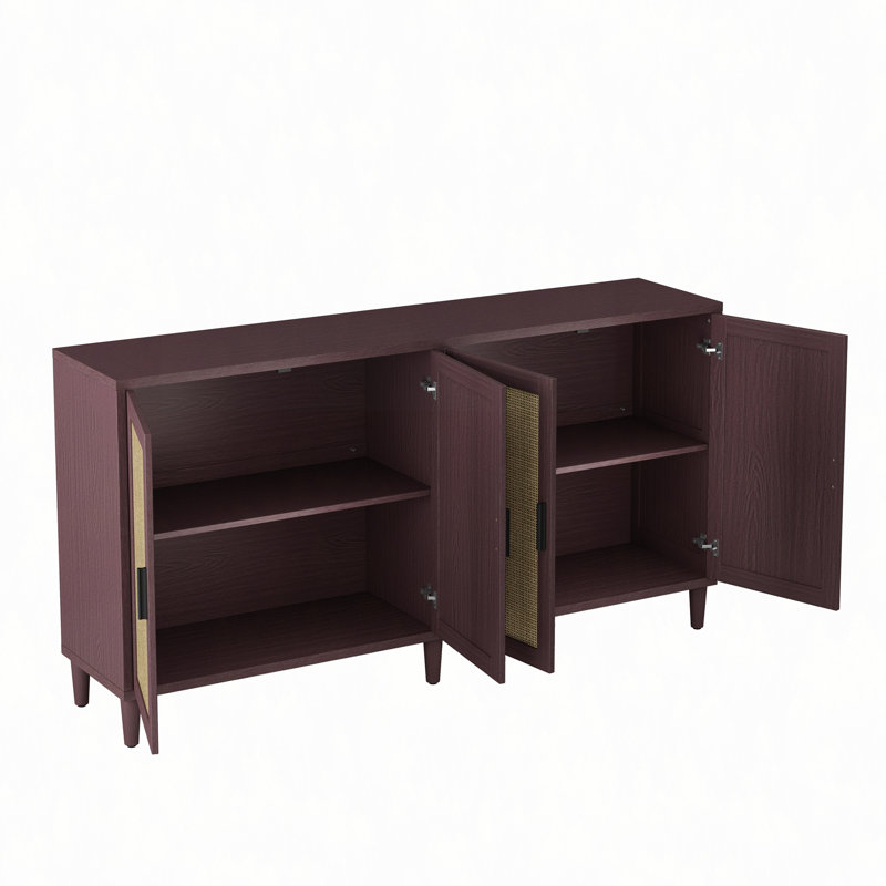 Buffet 70 po en rotin avec rangement, buffet 4 portes avec tablettes réglables pour la cuisine, le salon et la salle à manger, assemblage facile
