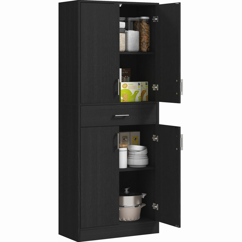 71" Tall Kitchen Cabinet, Distressed Black With Adjustable Shelves, Freestanding Pantry For Storage Of Pots, Pans, And Cookie Pantry, Drawer Dishes, Cookbooks, Silverware