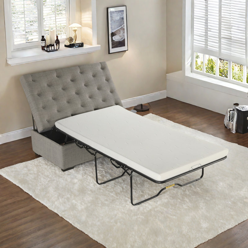 Convertible Ottoman With A Folding Sofa Bed, Metal Frame, Memory Mattress And Tufted Design, Grey