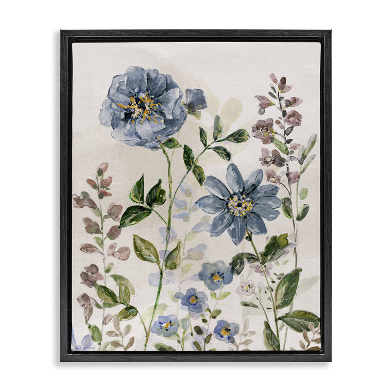 «Blush Blue Garden Flowers», art mural encadré par Sally Swatland, Cadre flottant noir de jais, H 21 po x l 17 po