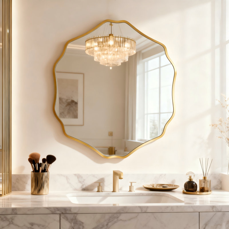 Miroir en forme de pétale-hexagone avec cadre doré - pour la salle de bain, la chambre à coucher, le salon et le vestibule