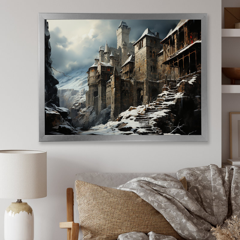 Mediaval château en hiver charme IV - Châteaux, art mural, Cadre de coin argenté fermé, H 12 po x l 20 po x P 1 po