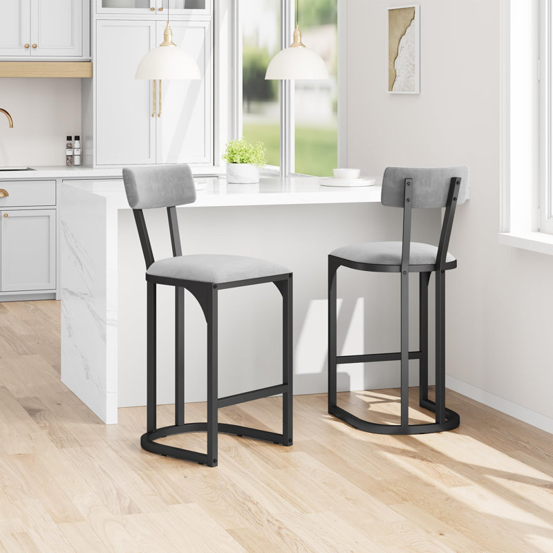 Ensemble de 2 tabourets de bar gris - tabourets à hauteur de comptoir avec dossier incurvé, siège rembourré et structure en métal pour la cuisine ou la salle à manger