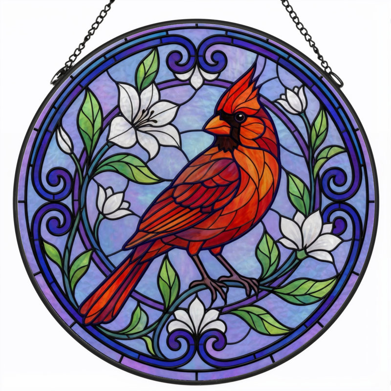 7.8"H Cardinal Flowers Stained Glass Window Panel, 7.8" H x 7.8" W