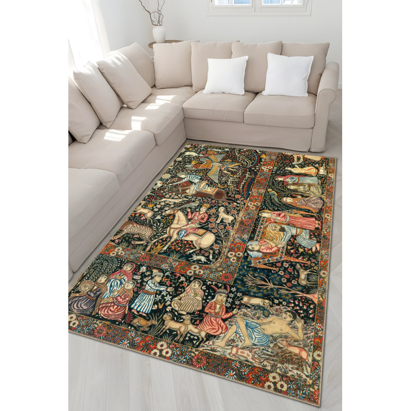 Tapis décoratif à motif floral à motif humain et cheval, Rectangle 2 pi 8 po x 5 pi