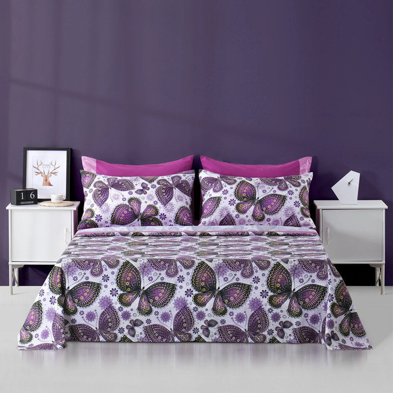 Ensemble de draps 6 pièces Polycotton, Courtepointe très grand + 5 pièces supplémentai, Papillon