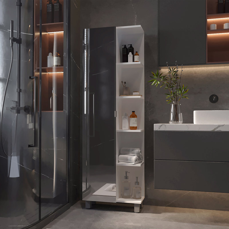 Armoire à linge à 5 tablettes avec miroir, Blanc