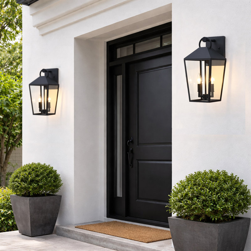17 In. 2-light Black Outdoor Wall Lantern Light, Matte Black