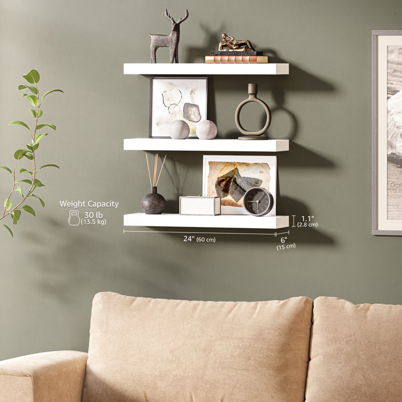 Sydney 24" Floating Shelves for Wall, 6" Depth Wooden Wall Mounted Shelves, White, 24 inches