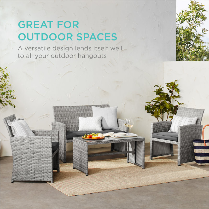 4-Piece Outdoor Wicker Patio Conversation Furniture Set w/ Table, Cushions, Gray/Gray