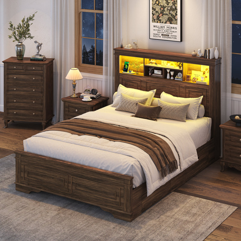 Farmhouse Queen Size Bed Frame With 51" Tall Storage Headboard & 4 Drawers, Wooden Queen Bed Frame with LED Light, Charging Station, No Spring Needed