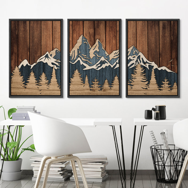 Mountain Forest Nature - 3 Piece Floater Frame Print on Canvas, Black Framed, 24" H x 48" W x 1.5" D