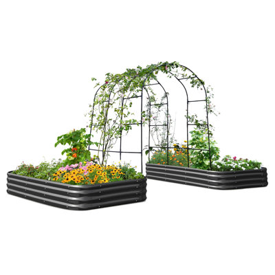  Raised Garden Bed with Arched Trellis Galvanized Planter Garden Box Outdoor for Gardening, Climbing Vegetables, Flowers 7.87x3.94x0.98 Ft 2PCS, Silver
