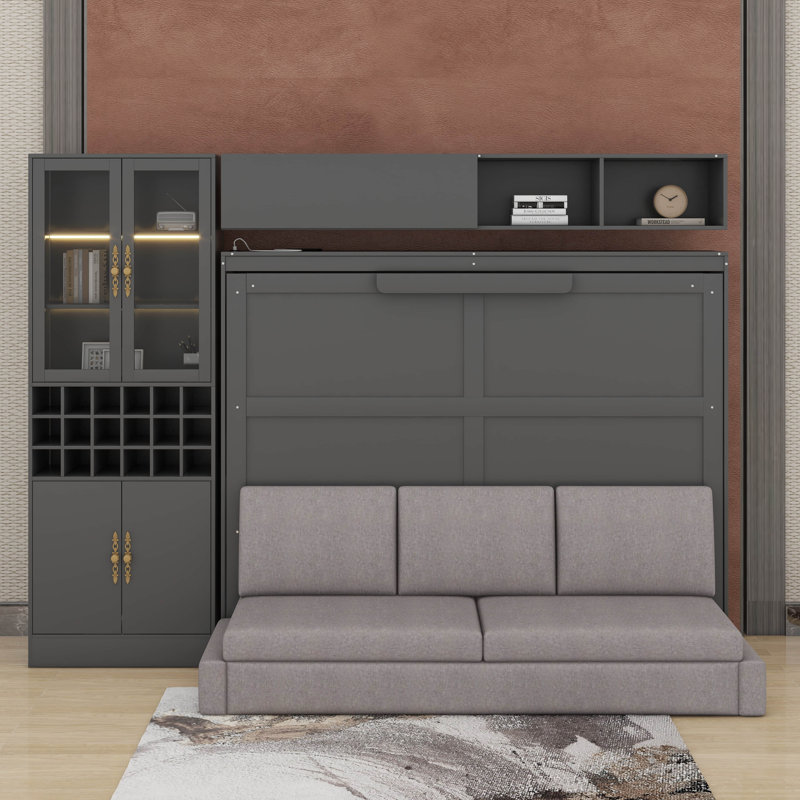 Lit escamotable double avec canapé, port USB, tablettes et lumière, Double, gris