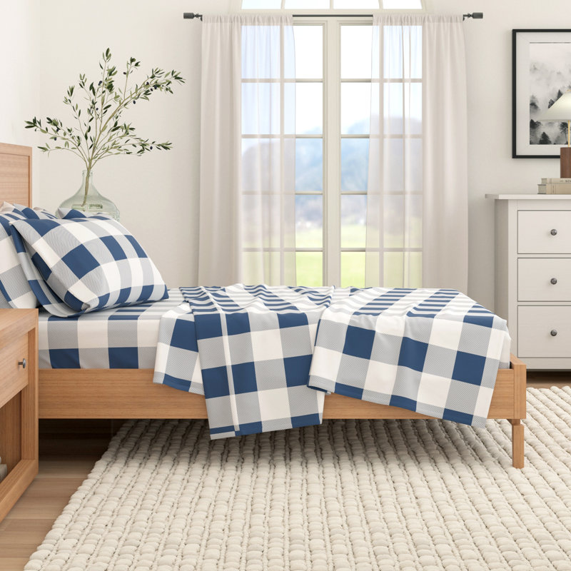 Queen Navy Buffalo Check Cotton Flannel Sheet Set