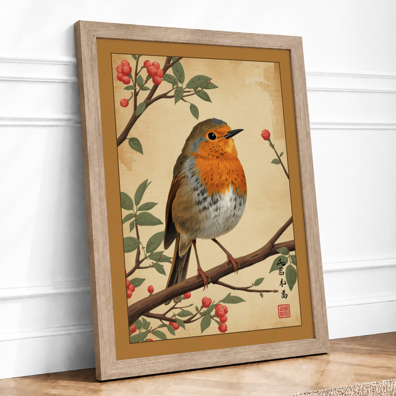 Robin Among Blossoms Japandi - Framed Print, A2 - 59.4 x 42.0 cm, Oak