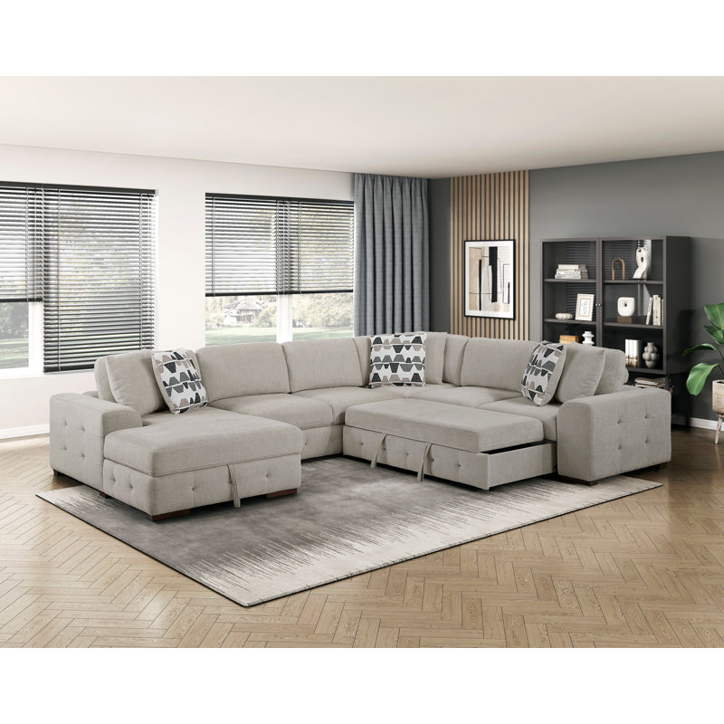 Canapé d'angle monobloc en contreplaqué et bois massif, couleur taupe, avec méridienne de rangement, 35" H x 143" W x 112" D