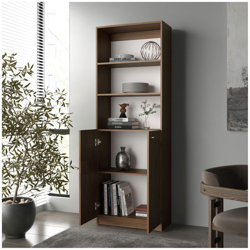 Beyerville Bookcase With Open Storage And 2 Doors, Natural Oak And White, Dark Brown