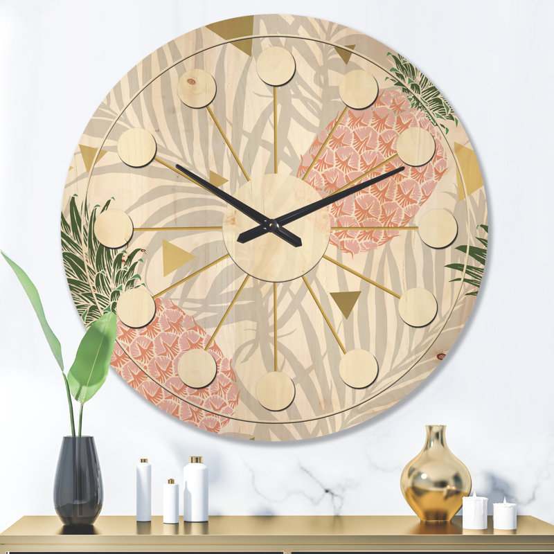 Horloge murale ananas sur bois à feuilles tropicales, Grand