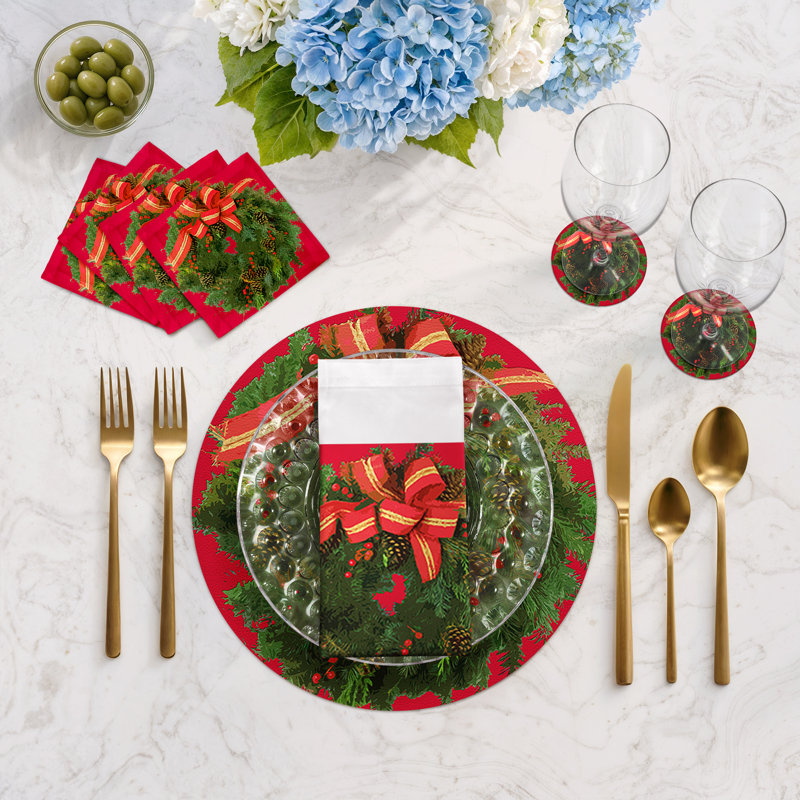 Christmas Wreath Cotton Sateen Cocktail Napkins, Red
