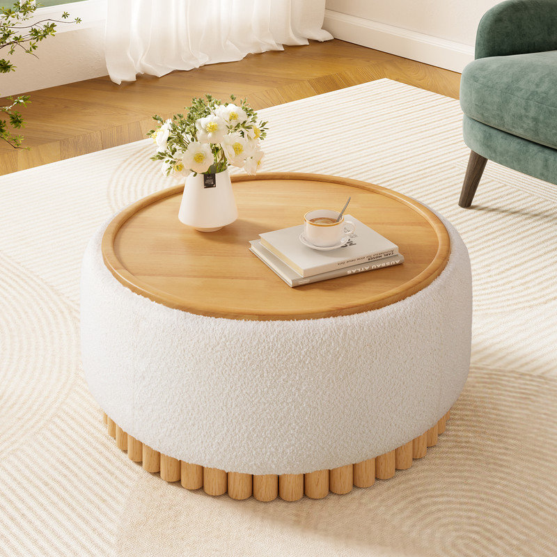 Table basse 29 po avec repose-pieds rond et repose-pieds avec rangement en bois massif, aucun assemblage requis