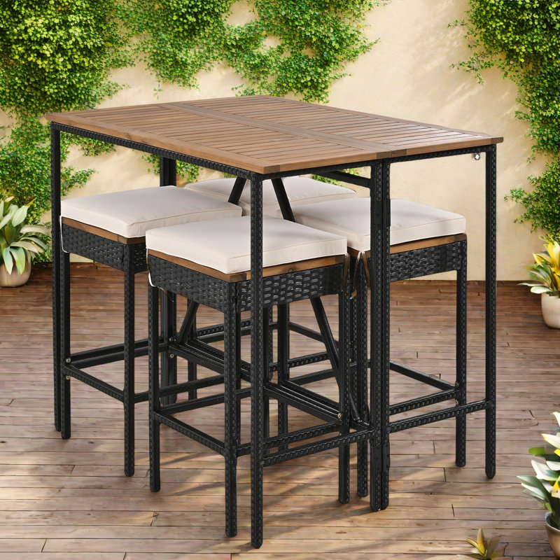 5-piece Outdoor Dining Table Sets Included 1 Foldable Table And Four Stools With Cushions