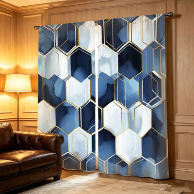 Rideaux hexagonaux géométriques 2 pièces, motif aquarelle abstrait bleu et blanc avec accents dorés, tissu filtrant la lumière, design artistique moderne pour le salon, la chambre à coucher et la cuisine