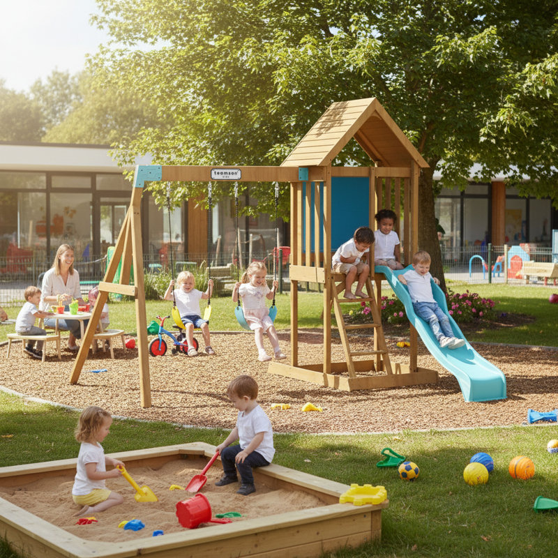 Teamson Kids Wooden Climbing Frame Swing Set with Slide & Chalkboard Sandpit
