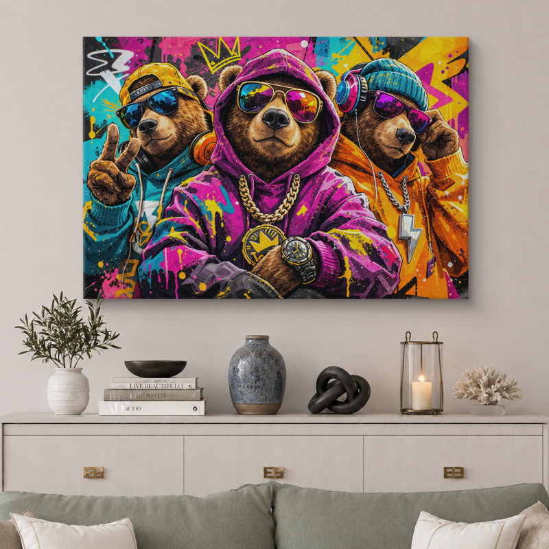 «Hip Hop Bear Graffiti», impression sur toile, impression sur toile encadrée, H 16 po x l 24 po x P 1,5 po, Toile tendue