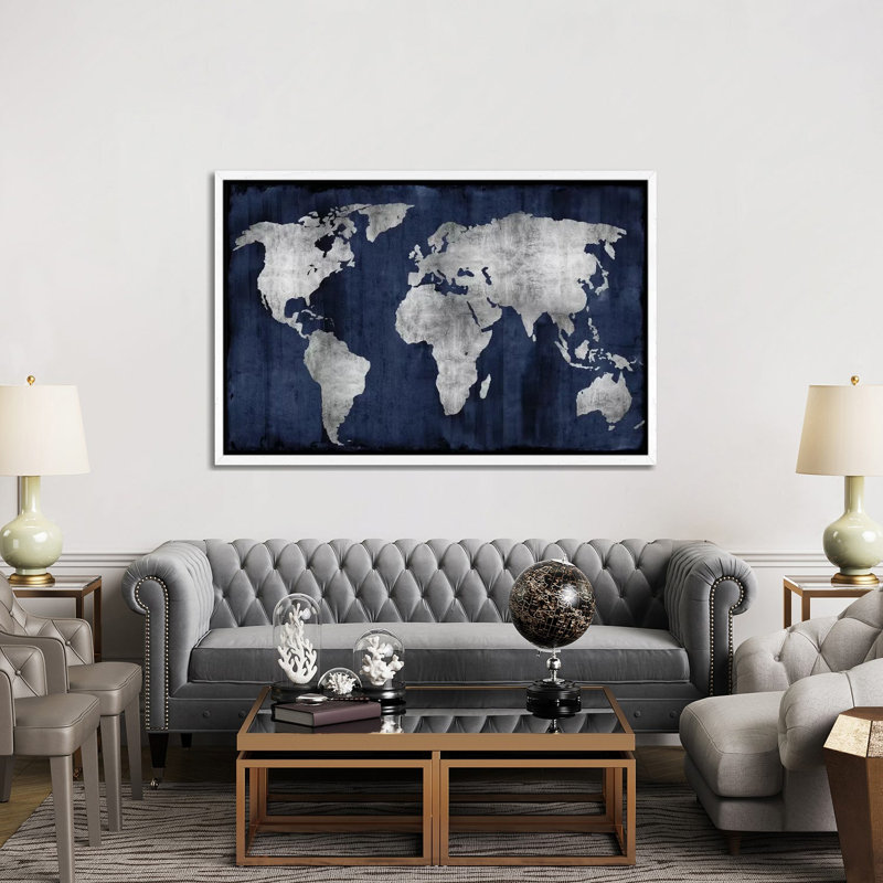 The World - Silver On Blue by Russell Brennan - Print on Canvas, White Floater Framed, 152.5 cm H x 101.5 cm W