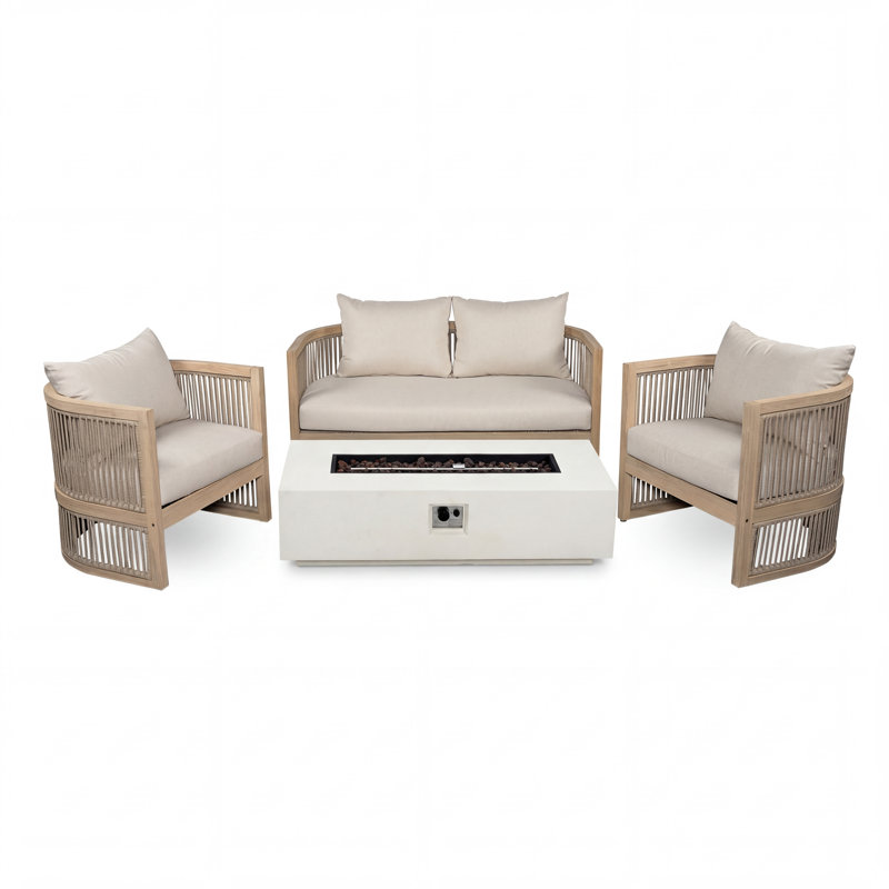 Brecht Outdoor 4-Person Acacia Wood Conversation Set With Woven Rope & Fire Pit (Tank Cover Not Included)