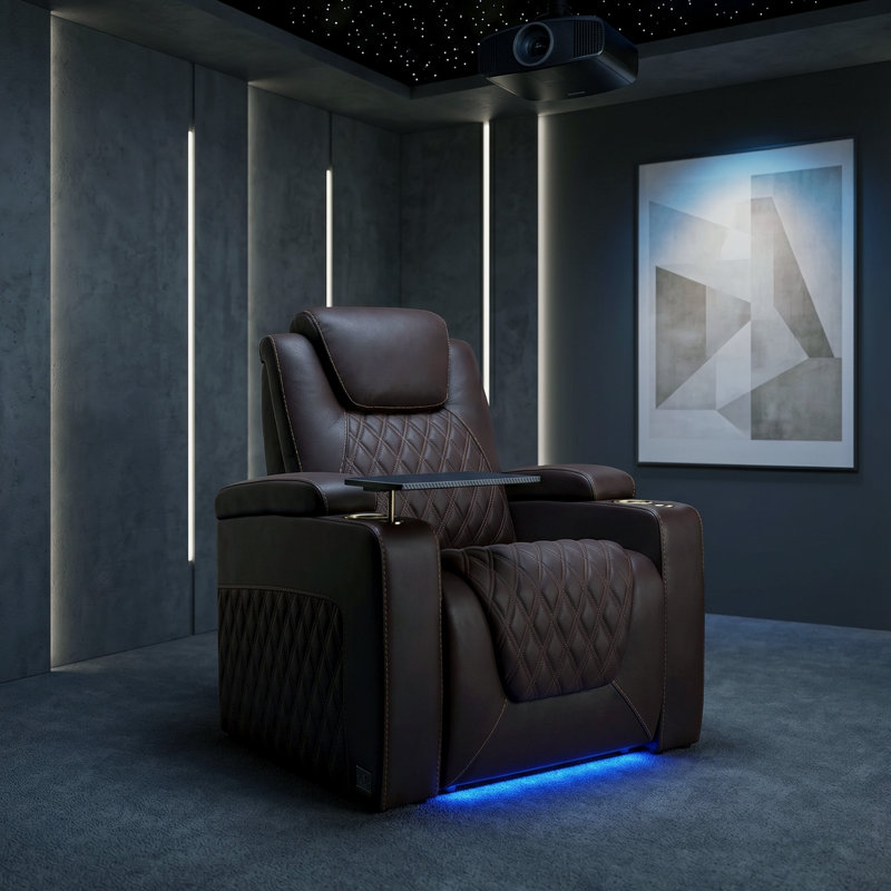Canapé inclinable de cinéma maison en cuir véritable avec double moteur zéro gravité, appui-tête réglable et éclairage ambiant 7 couleurs pour les soirées cinéma, les jeux immersifs et la vie moderne