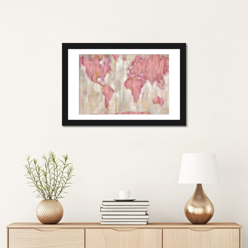 " Blushing World Map " by Silvia Vassileva, 18" H x 26" W x 1.5" D, Black Framed Fine Art Paper, White
