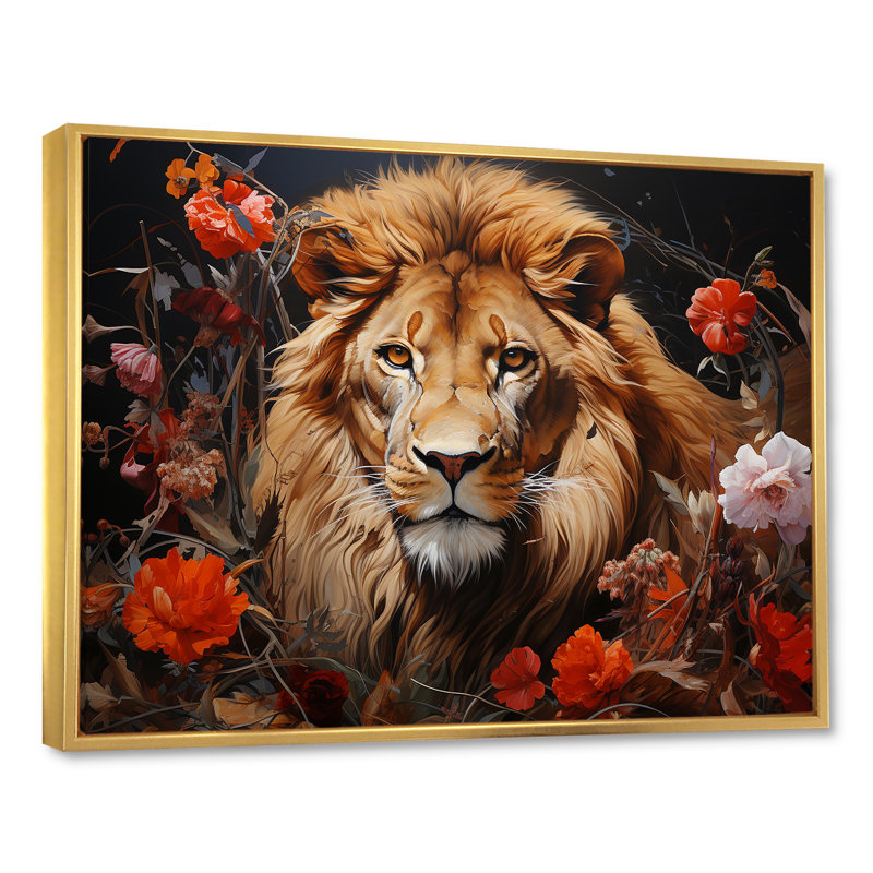 «Lion Wilderness Symphony II», reproduction sur toile, Cadre flottant doré, H 12 po x l 20 po x P 1 po