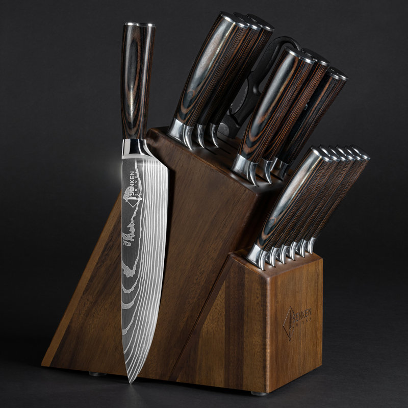 Senken Knives Senken Knives 16-Piece Imperial Collection Natural Acacia Wood Knife Block Set - Damascus Pattern Chef Knife Set, Steak Knives, Kitchen Shears - Pakka Wood Handles