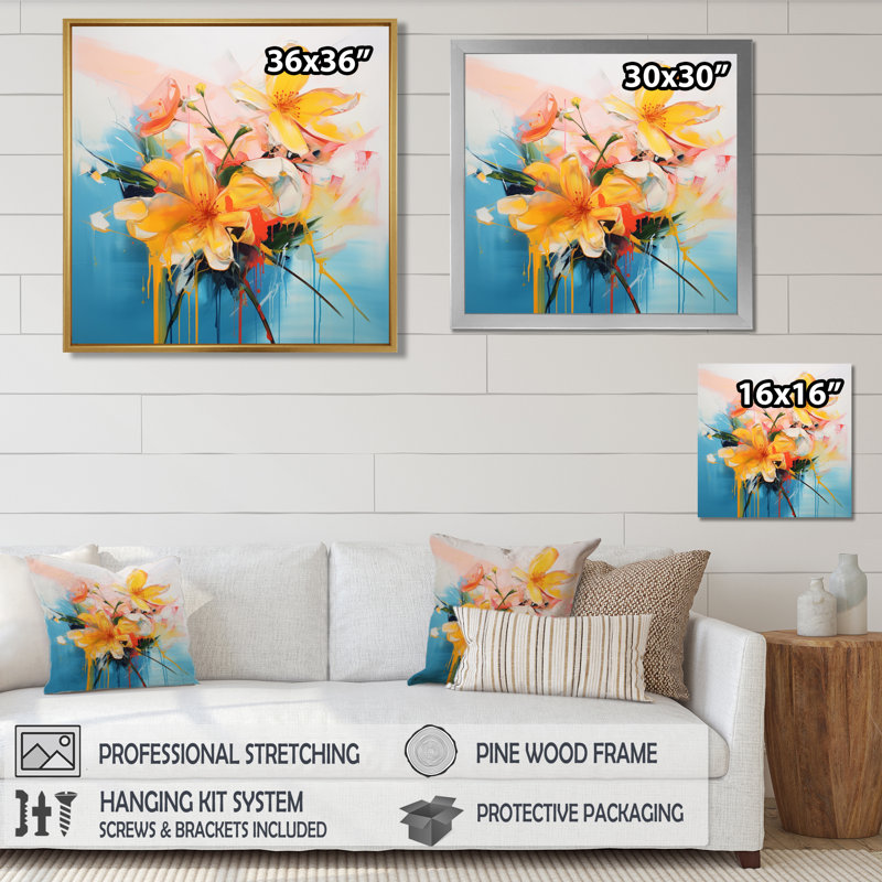 Abstrait jaune bouton d'or sur un ciel bleu rose - salon de l'art mural Buttercups, H 30 po x l 30 po x P 1 po