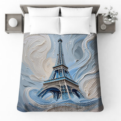 Eiffel Tower Swirling Clouds Quilted Bedspread All Sizes