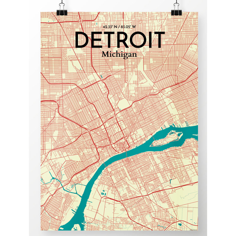 « détroit city map », reproduction d’impression sur affiche en tricolore, H 20 po x l 16 po