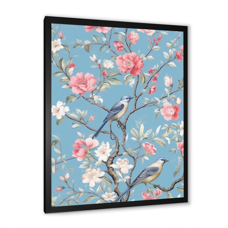 "Chinoiserie avec oiseaux et pivoines", impression sur toile encadrée, H 24 po x l 24 po x P 1 po, Cadre simple noir