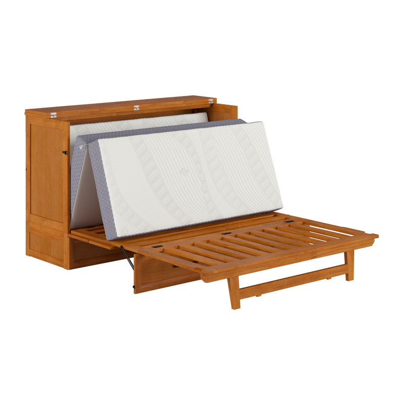 Tucson Wood Murphy Bed Chest with Storage Drawer, Built-in Charging station and Mattress, Light Toffee, Queen