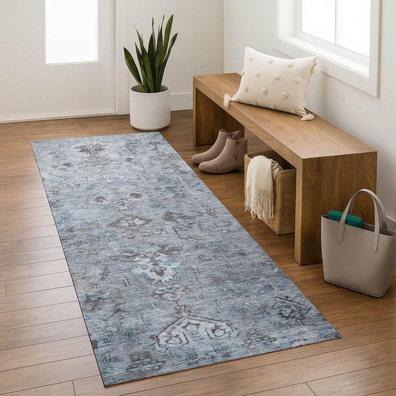 Premium Machine Washable Mayfield Global Rug, Blue, 2'3" x 7'6" Runner
