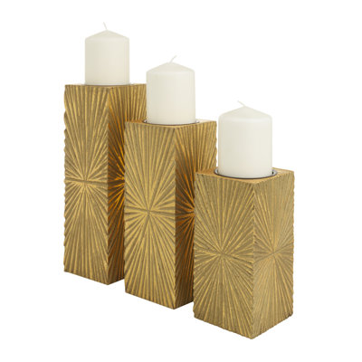 Wooden Carved Pillar Geometric Decorative Candle Holder Set