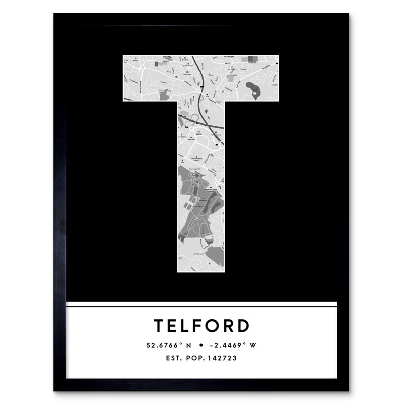 Telford City Map Telford Black & White - Single Picture Frame Print