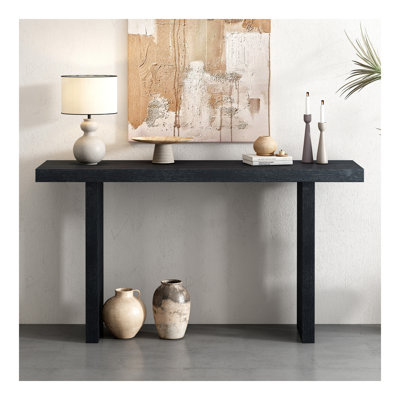 Console en placage de chêne de conception unique avec des formes latérales distinctives, convenant à un vestibule, un couloir, un salon, un vestibule, un couloir