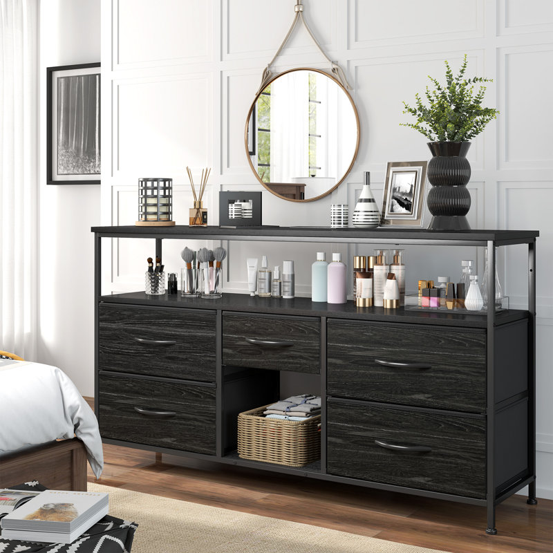 43.3"W Dresser TV Stand With Power Outlets & LED Lights - 5 Fabric Storage Drawers, Black