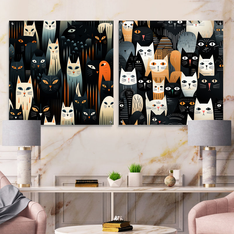 Motif abstrait de chats abstraits en noir et blanc - animaux en acrylique, ensemble de 2 verres muraux, H 16 po x l 33 po