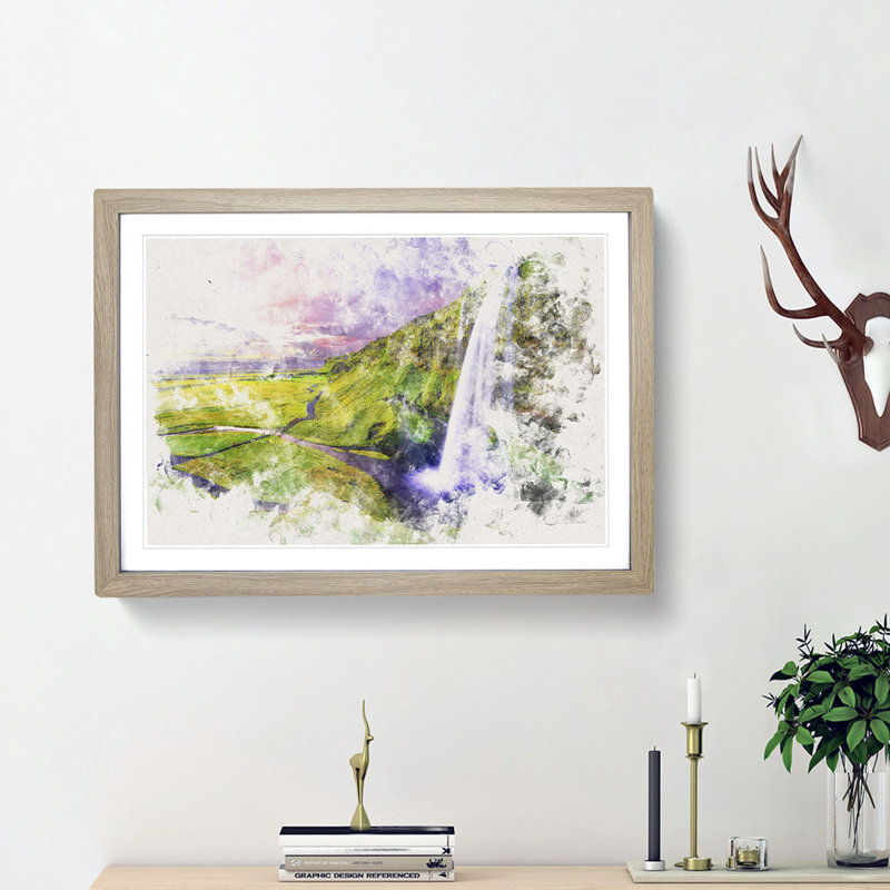 Seljalandsfoss Waterfall Iceland - Picture Frame Painting Print, 62cm H x 87cm W x 2cm D, Oak Framed